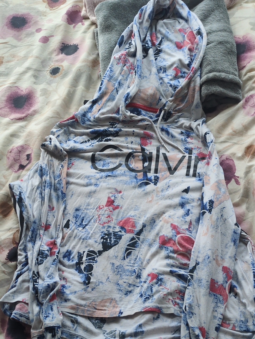 Calvin Klein Hooded Long-Sleeve Top in White with Blue & Pink Print